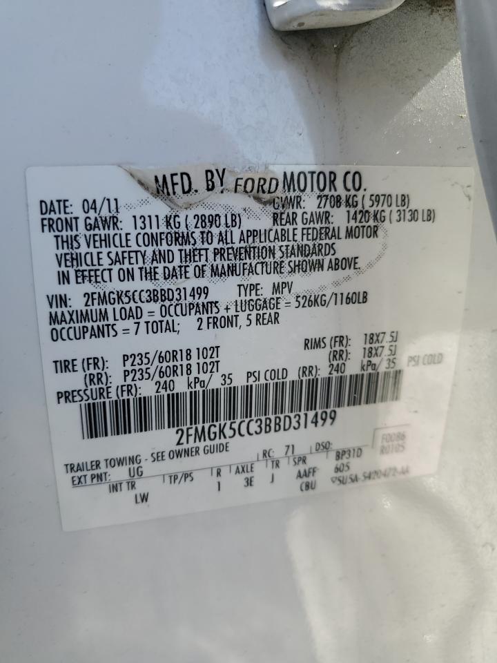 2011 Ford Flex Sel VIN: 2FMGK5CC3BBD31499 Lot: 62346485