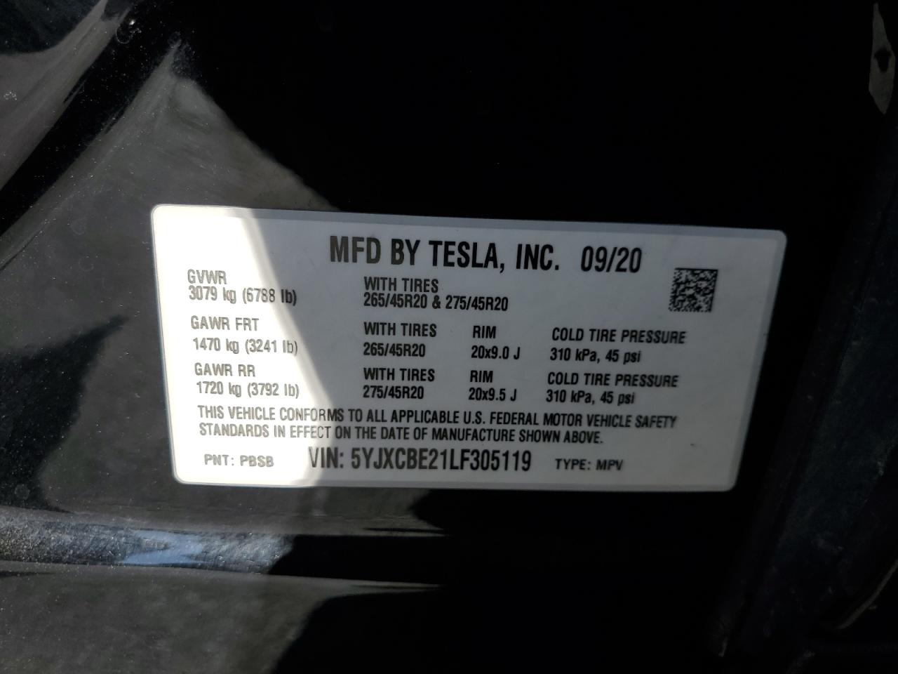 2020 Tesla Model X VIN: 5YJXCBE21LF305119 Lot: 62733885