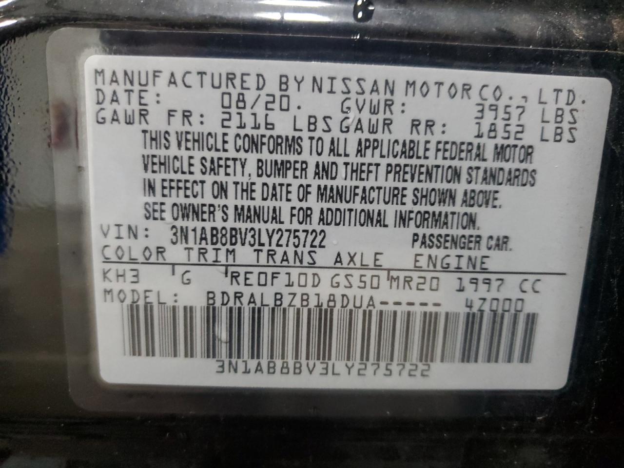 2020 Nissan Sentra S VIN: 3N1AB8BV3LY275722 Lot: 60228795