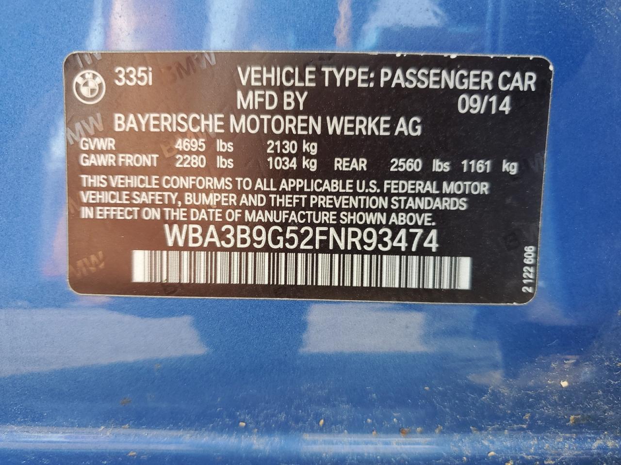 2015 BMW 335 Xi VIN: WBA3B9G52FNR93474 Lot: 62725745
