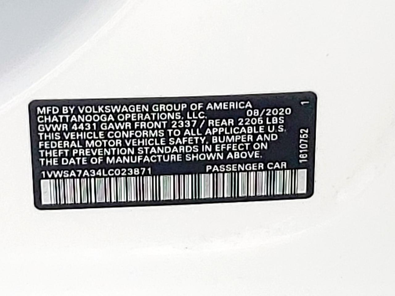 2020 Volkswagen Passat Se VIN: 1VWSA7A34LC023871 Lot: 61546925