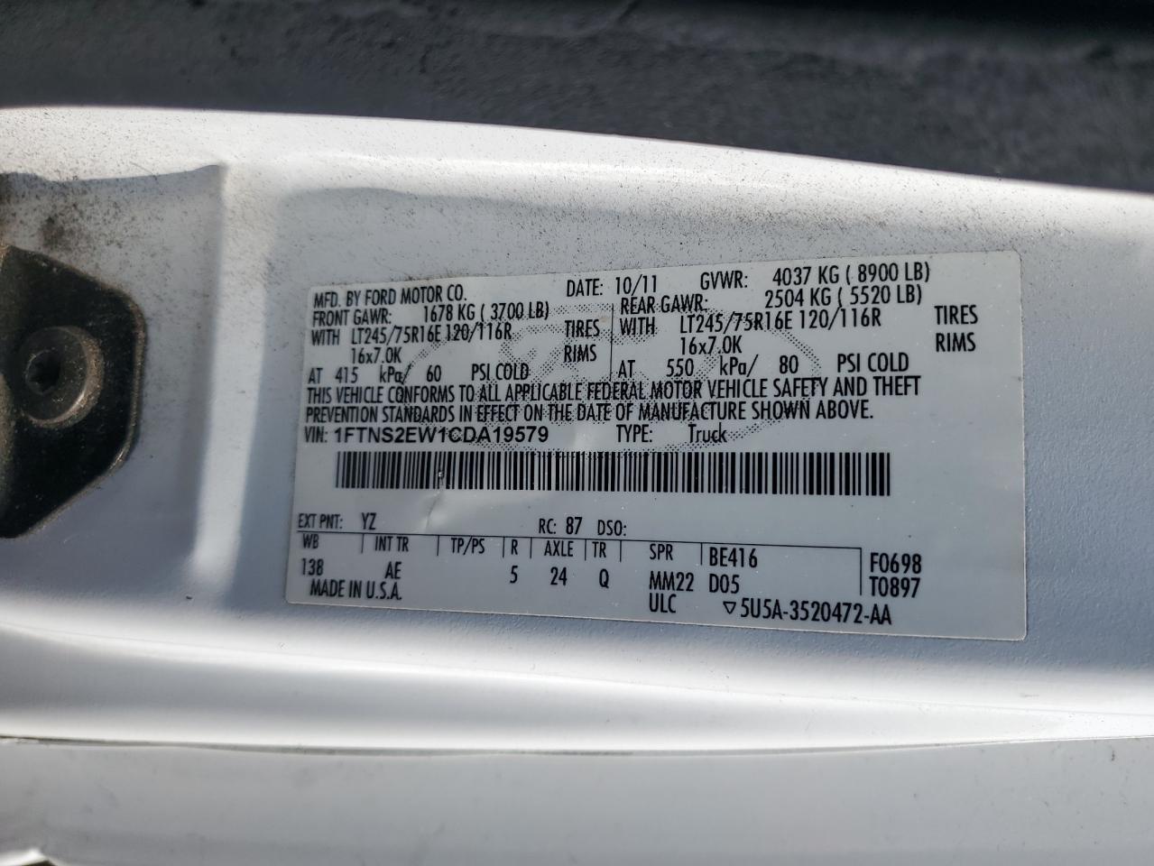 2012 Ford Econoline E250 Van VIN: 1FTNS2EW1CDA19579 Lot: 62518305