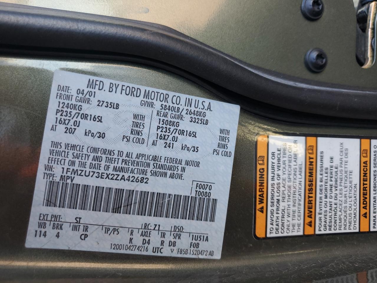 2002 Ford Explorer Xlt VIN: 1FMZU73EX2ZA42682 Lot: 61416085