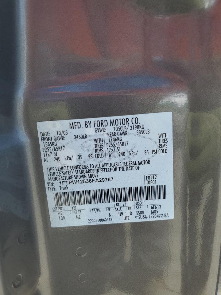 2006 Ford F150 Supercrew VIN: 1FTPW12536FA29767 Lot: 62533415
