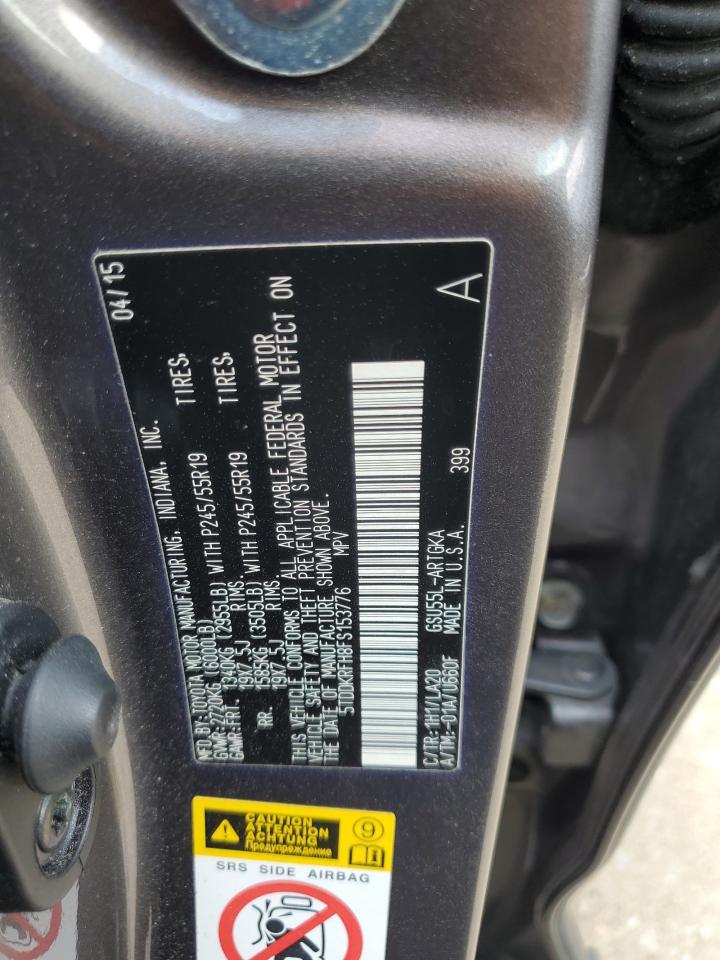 2015 Toyota Highlander Limited VIN: 5TDDKRFH8FS153776 Lot: 62373205