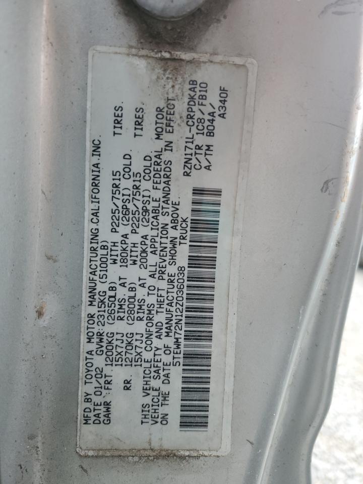 2002 Toyota Tacoma Xtracab VIN: 5TEWM72N12Z036038 Lot: 62865135