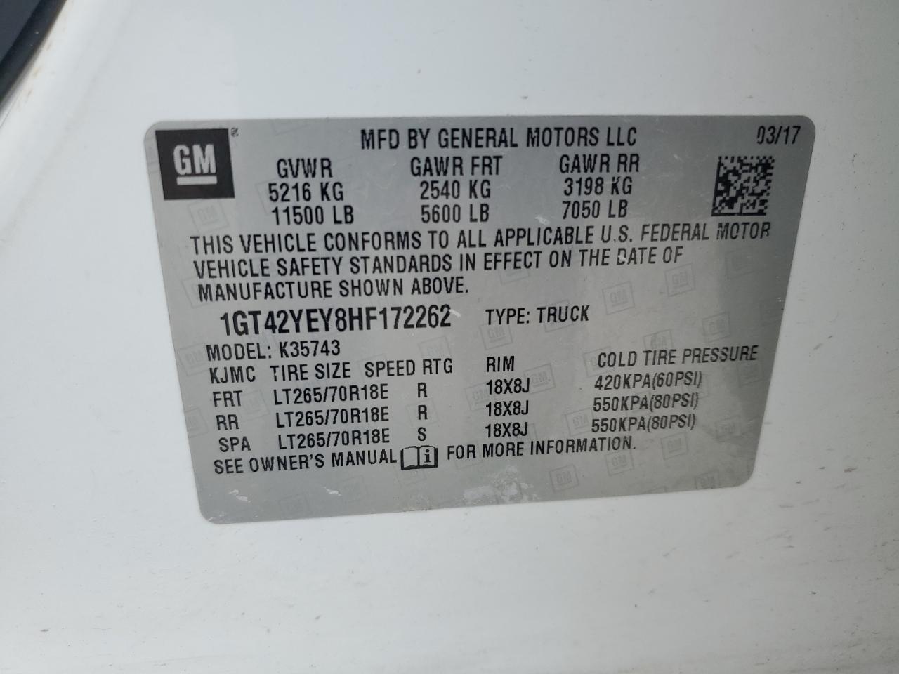 2017 GMC Sierra K3500 Denali VIN: 1GT42YEY8HF172262 Lot: 60914495