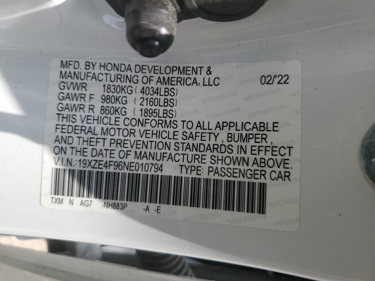 2022 Honda Insight Touring VIN: 19XZE4F96NE010794 Lot: 61965235