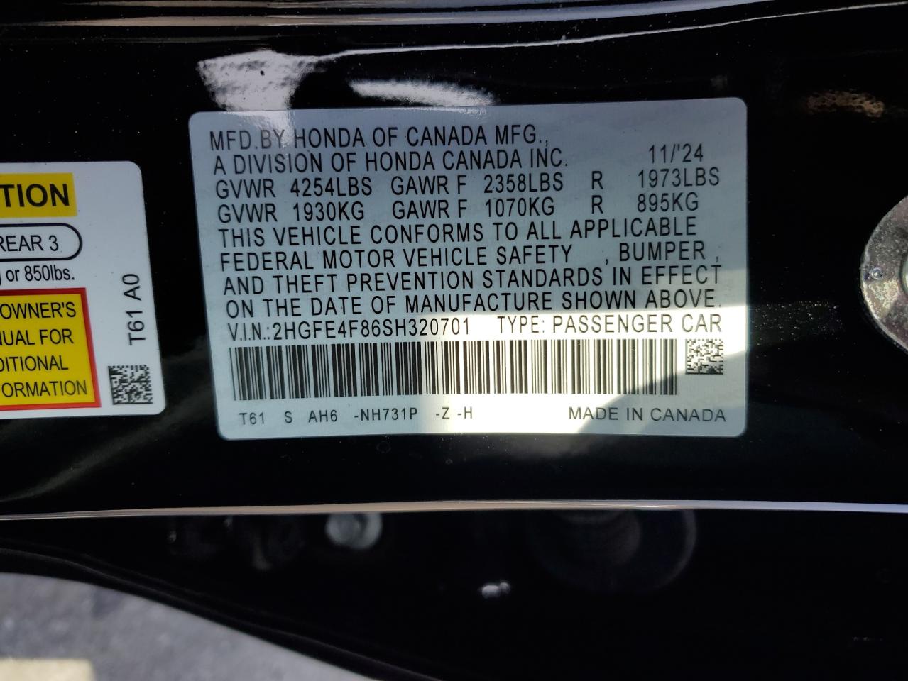 HONDA CIVIC 2025 VIN 2HGFE4F86SH320701 фото 12