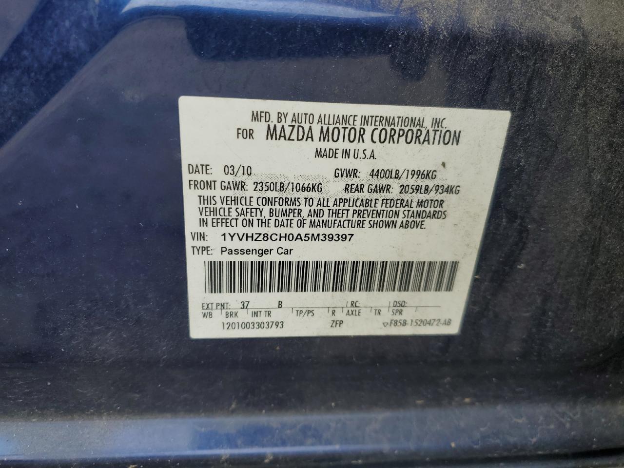 2010 Mazda 6 I VIN: 1YVHZ8CH0A5M39397 Lot: 60892655