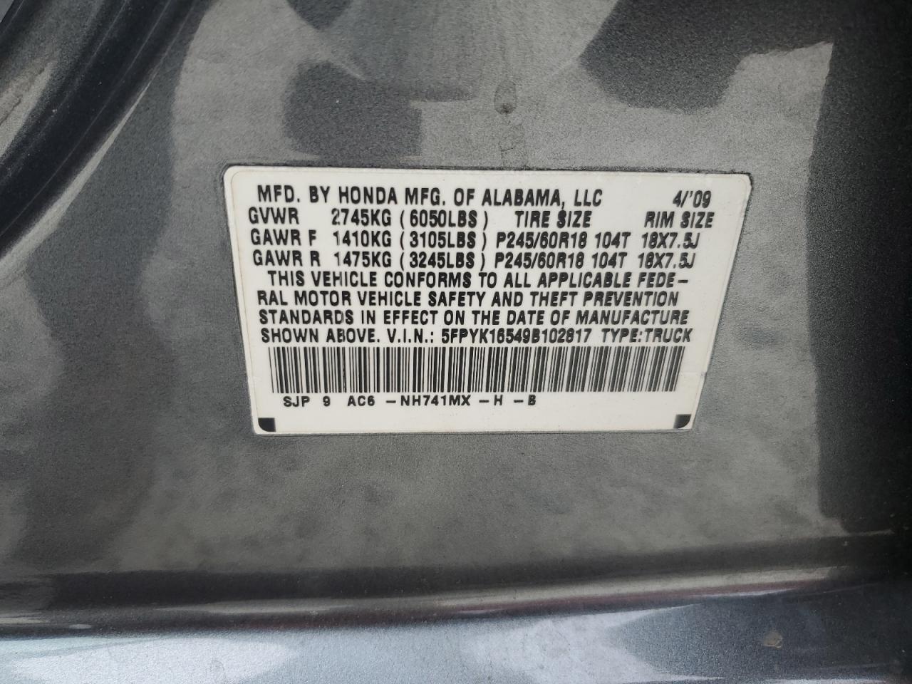 2009 Honda Ridgeline Rtl VIN: 5FPYK16549B102817 Lot: 61539165