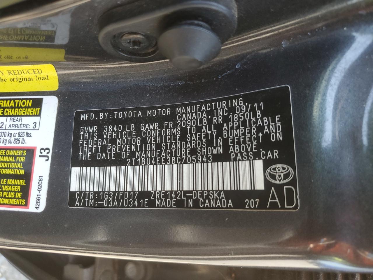 2011 Toyota Corolla Base VIN: 2T1BU4EE3BC705943 Lot: 60352895
