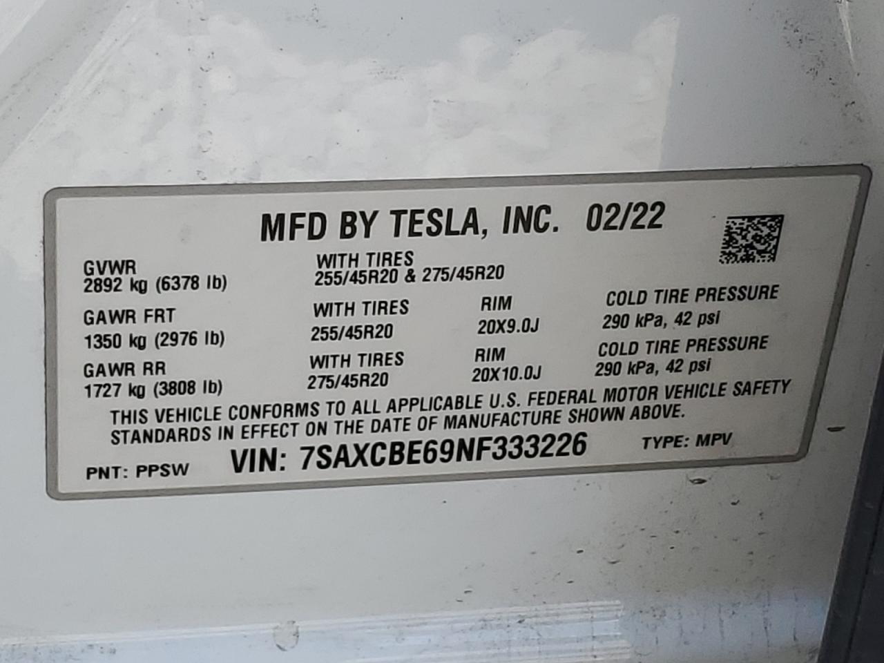 2022 Tesla Model X VIN: 7SAXCBE69NF333226 Lot: 58268465