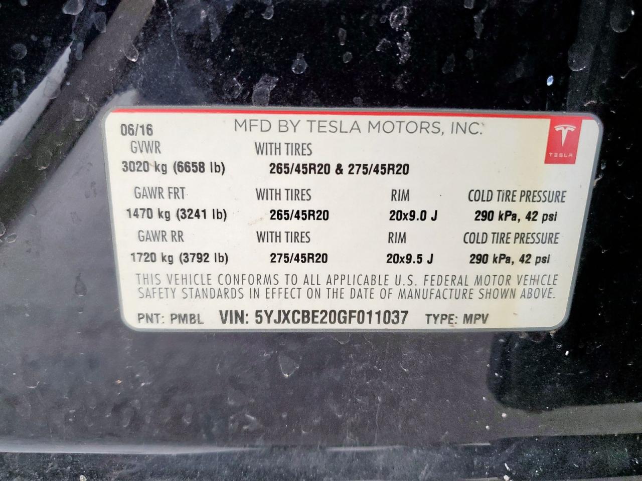 2016 Tesla Model X VIN: 5YJXCBE20GF011037 Lot: 62162895