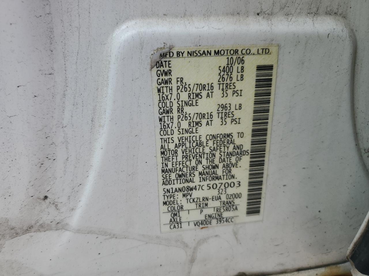 2007 Nissan Xterra Off Road VIN: 5N1AN08W47C507003 Lot: 59612235