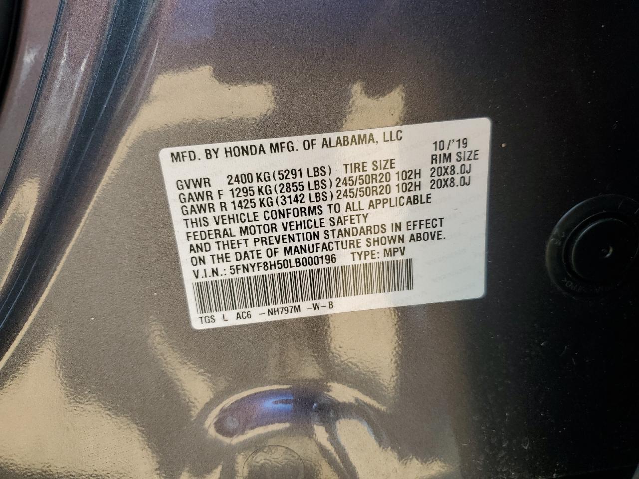 2020 Honda Passport Exl VIN: 5FNYF8H50LB000196 Lot: 59619185