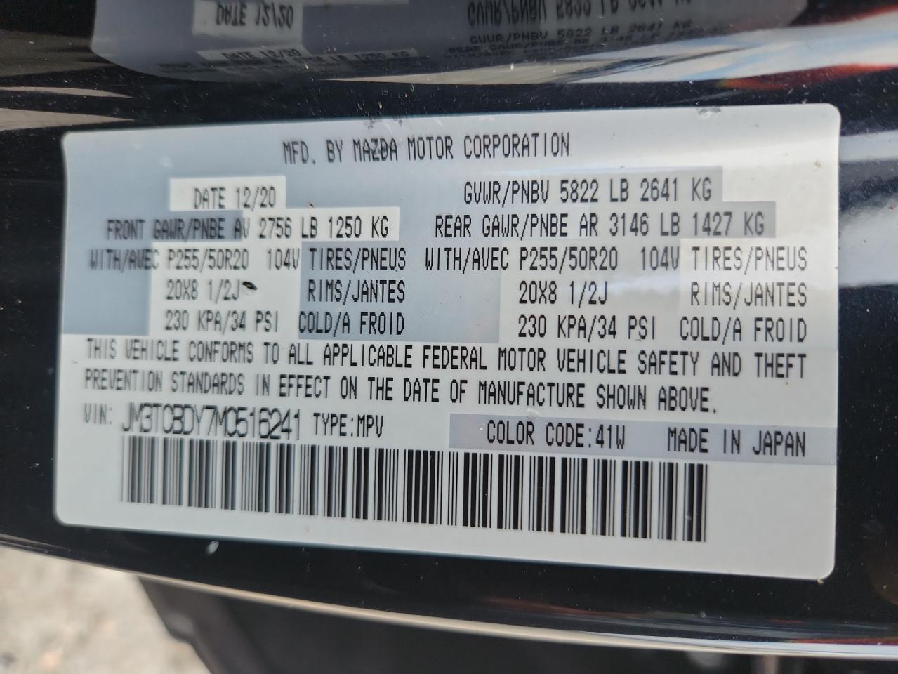 2021 Mazda Cx-9 Grand Touring VIN: JM3TCBDY7M0516241 Lot: 62716425