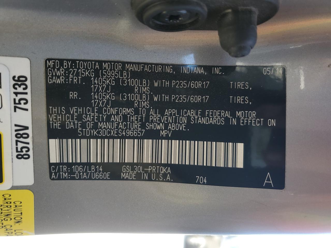 2014 Toyota Sienna Xle VIN: 5TDYK3DCXES496657 Lot: 60498015