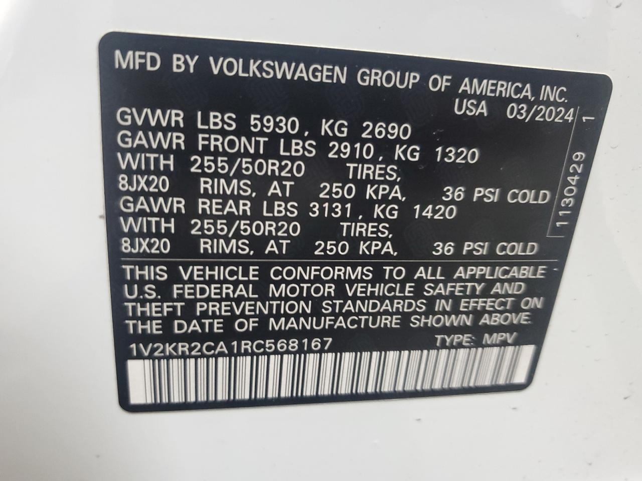 2024 Volkswagen Atlas Se VIN: 1V2KR2CA1RC568167 Lot: 62269935