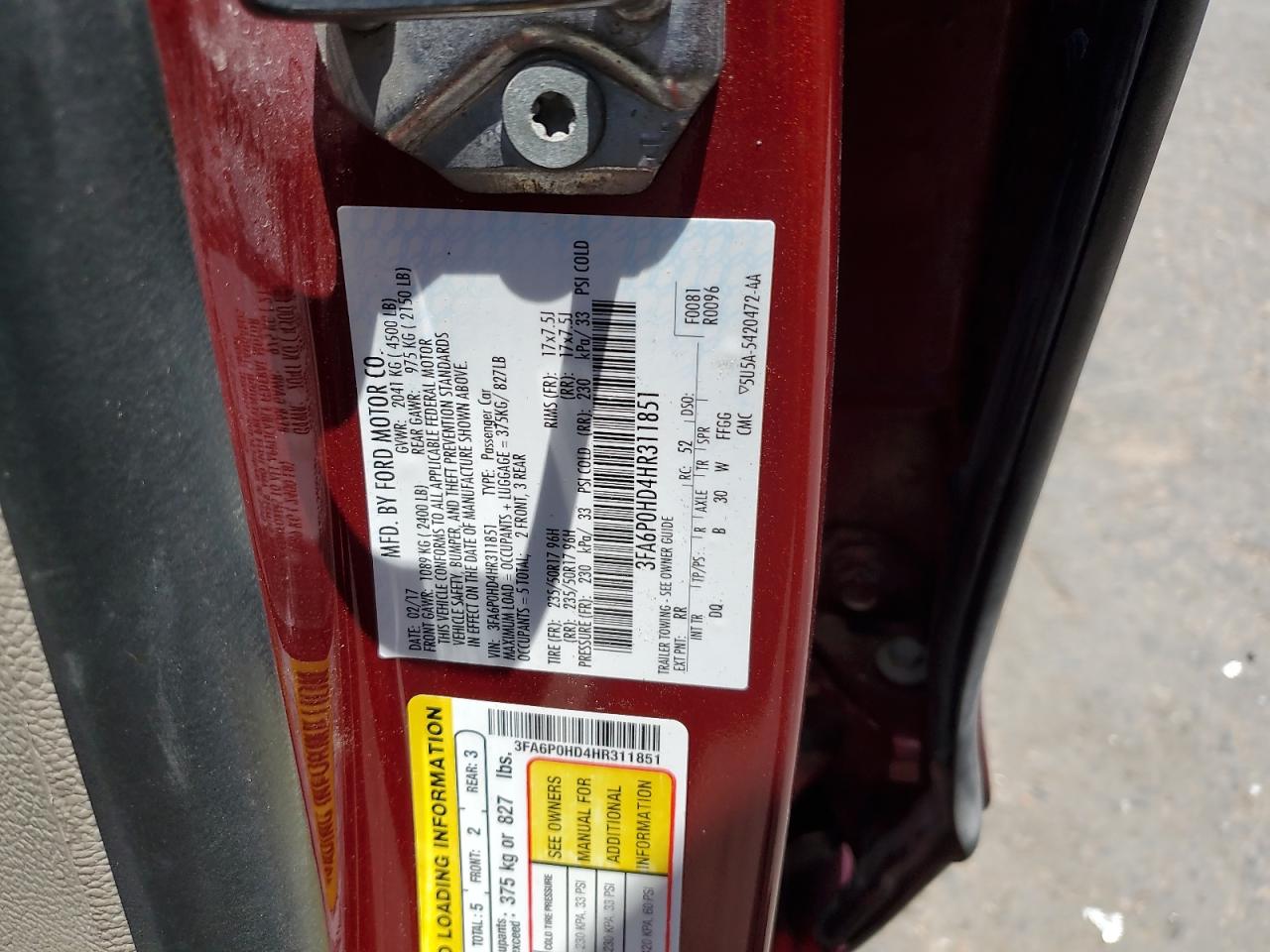 2017 Ford Fusion Se VIN: 3FA6P0HD4HR311851 Lot: 61420705