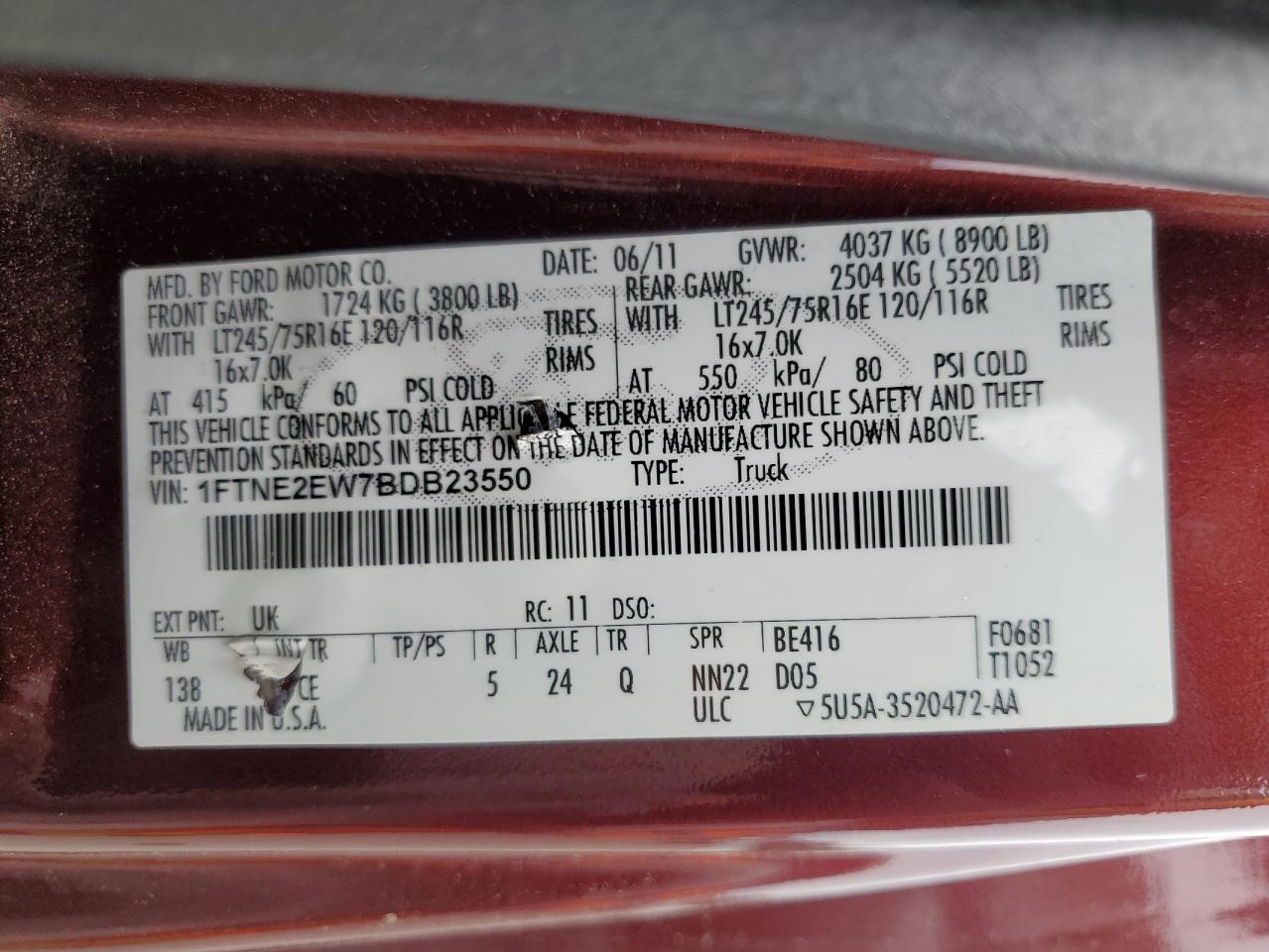 2011 Ford Econoline E250 Van VIN: 1FTNE2EW7BDB23550 Lot: 62698495