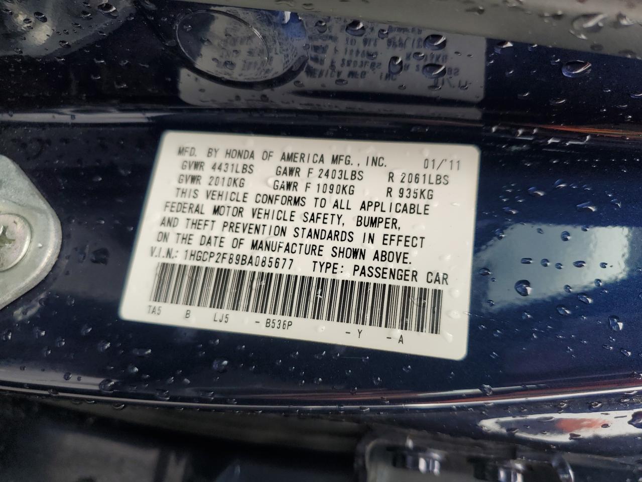 2011 Honda Accord Exl VIN: 1HGCP2F89BA085677 Lot: 62234405