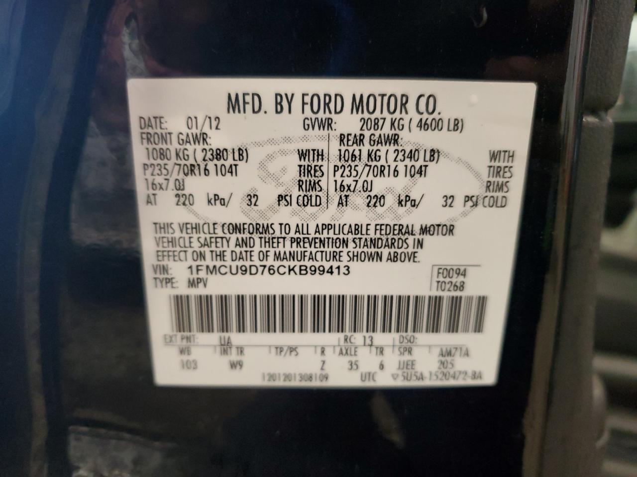 2012 Ford Escape Xlt VIN: 1FMCU9D76CKB99413 Lot: 61142495
