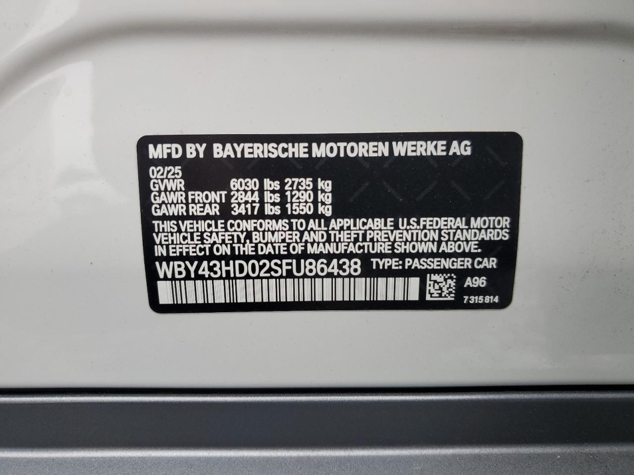 2025 BMW I4 xDrive 40 VIN: WBY43HD02SFU86438 Lot: 62183355