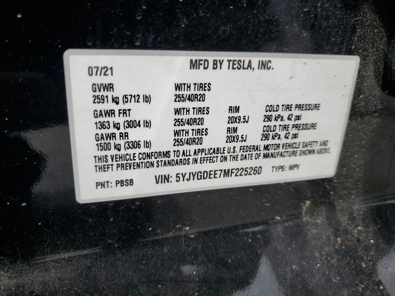 2021 Tesla Model Y VIN: 5YJYGDEE7MF225260 Lot: 60287005
