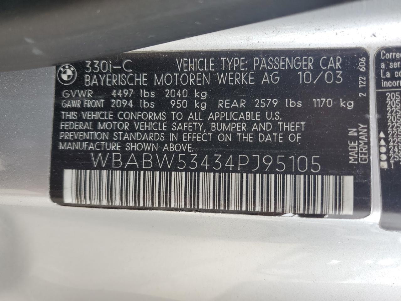 2004 BMW 330 Ci VIN: WBABW53434PJ95105 Lot: 60724975