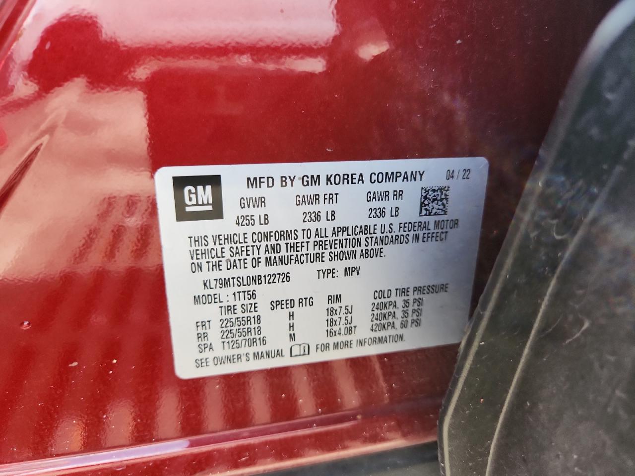 2022 Chevrolet Trailblazer Rs VIN: KL79MTSL0NB122726 Lot: 60268055