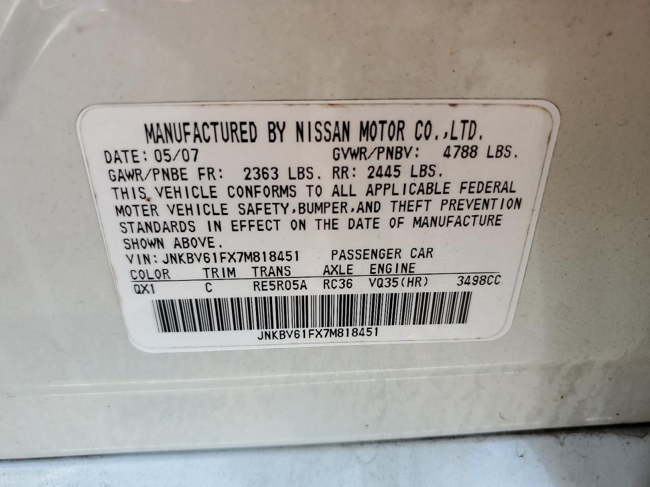 2007 Infiniti G35 VIN: JNKBV61FX7M818451 Lot: 61801175