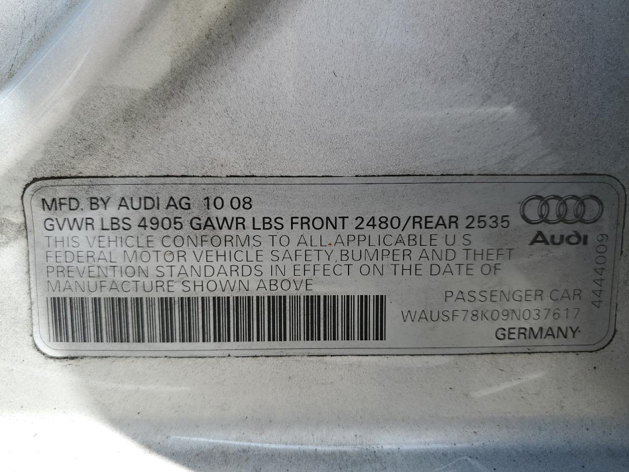 2009 Audi A4 Premium Plus VIN: WAUSF78K09N037617 Lot: 62689595