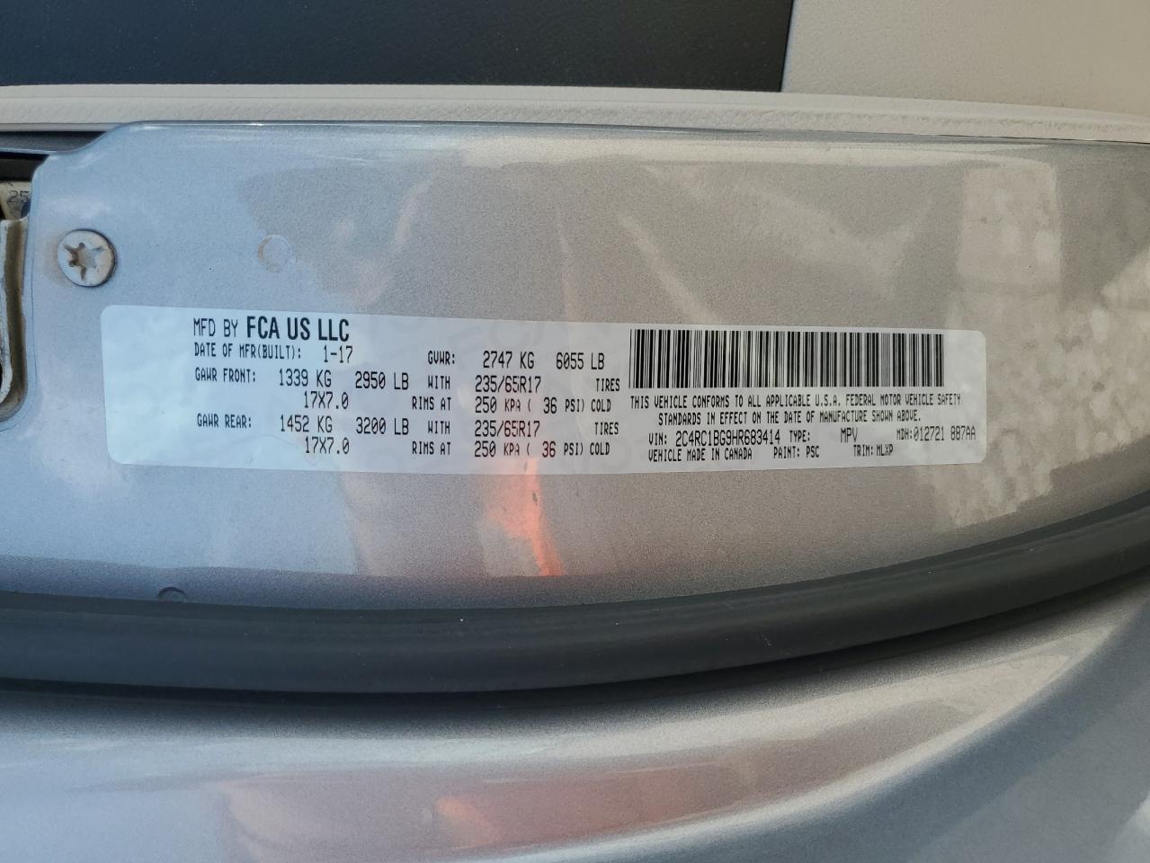 2017 Chrysler Pacifica Touring L VIN: 2C4RC1BG9HR683414 Lot: 60481115