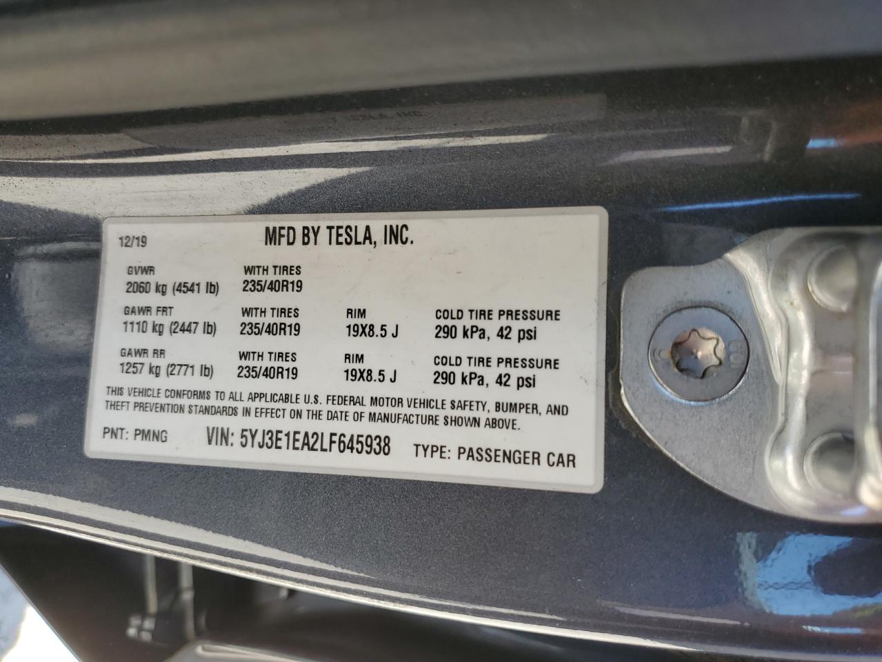 2020 Tesla Model 3 VIN: 5YJ3E1EA2LF645938 Lot: 62772665