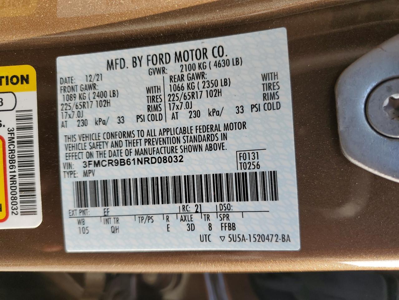 2022 Ford Bronco Sport Big Bend VIN: 3FMCR9B61NRD08032 Lot: 59030305