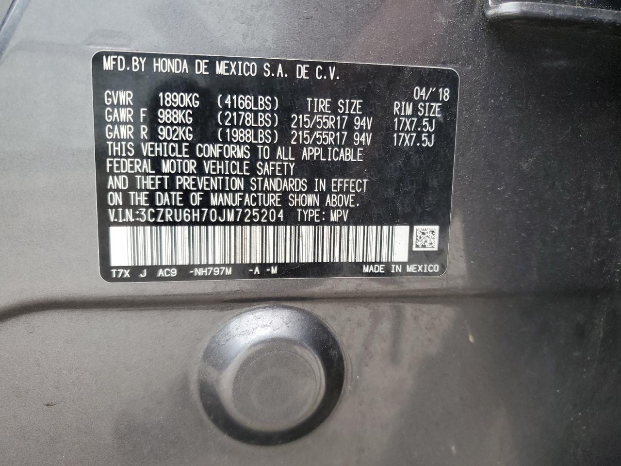 2018 Honda Hr-V Exl VIN: 3CZRU6H70JM725204 Lot: 62767315