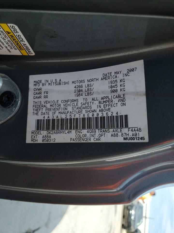 2008 Mitsubishi Eclipse Spyder Gs VIN: 4A3AL25F78E003624 Lot: 61991725