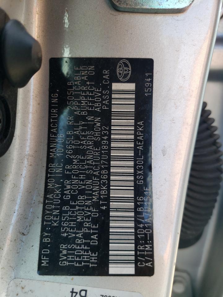 2007 Toyota Avalon Xl VIN: 4T1BK36B17U189432 Lot: 61295495