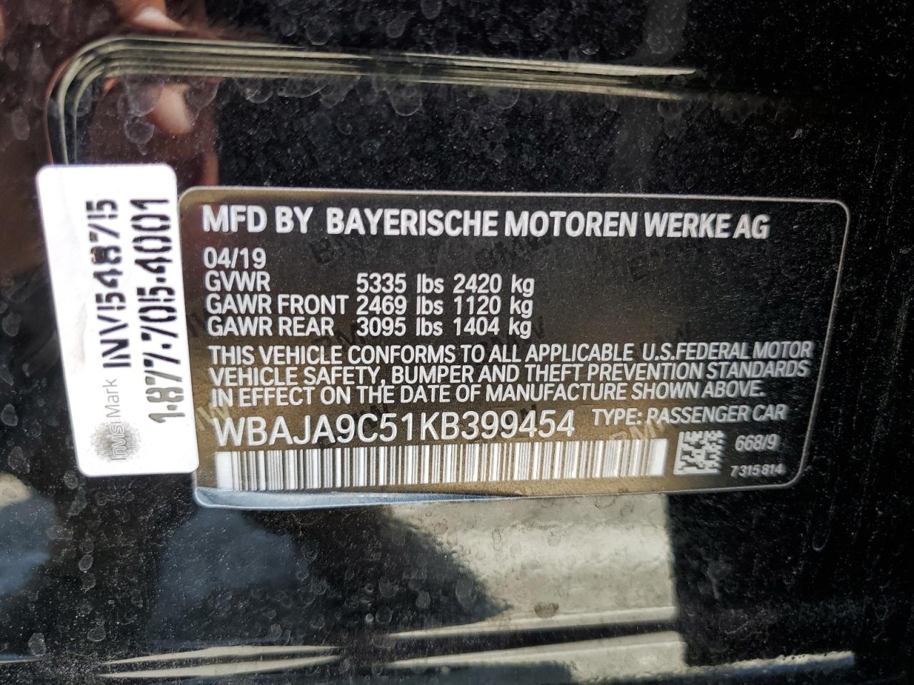 2019 BMW 530E VIN: WBAJA9C51KB399454 Lot: 60097245