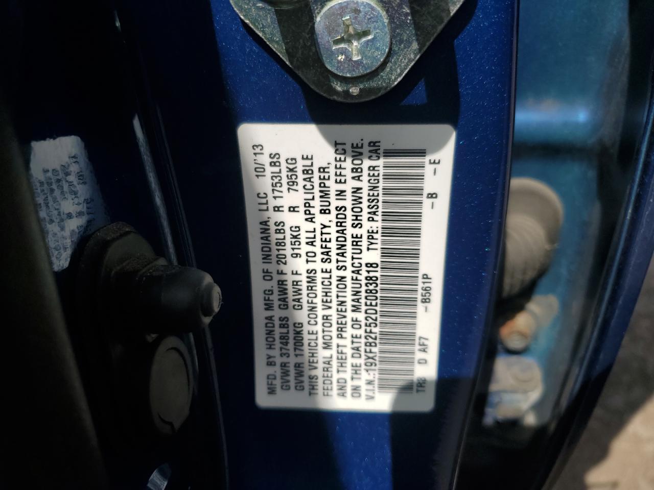 2013 Honda Civic Lx VIN: 19XFB2F52DE083818 Lot: 62906765