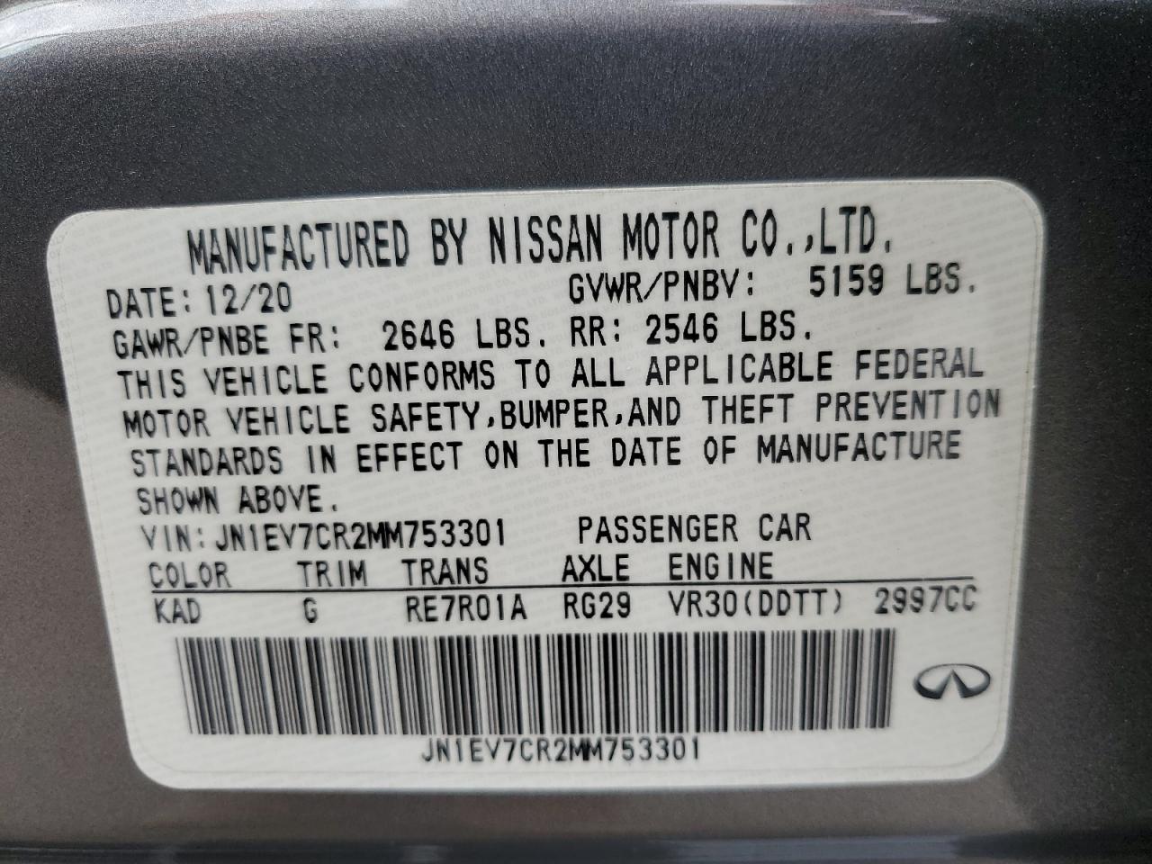 2021 Infiniti Q50 Sensory VIN: JN1EV7CR2MM753301 Lot: 62147435