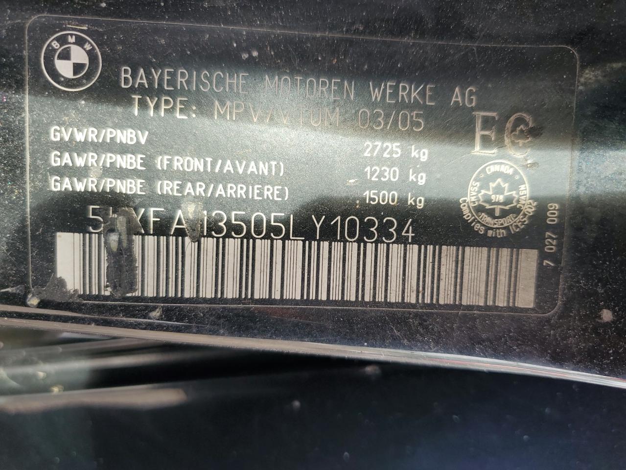 2005 BMW X5 3.0I VIN: 5UXFA13505LY10334 Lot: 62165125