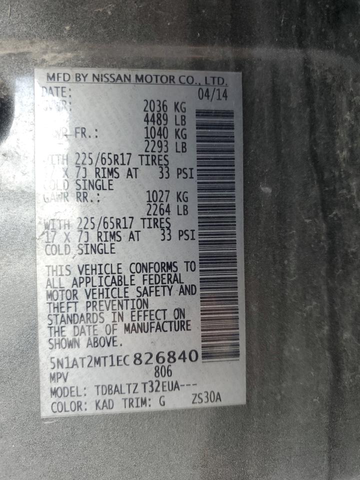 2014 Nissan Rogue S VIN: 5N1AT2MT1EC826840 Lot: 62064805