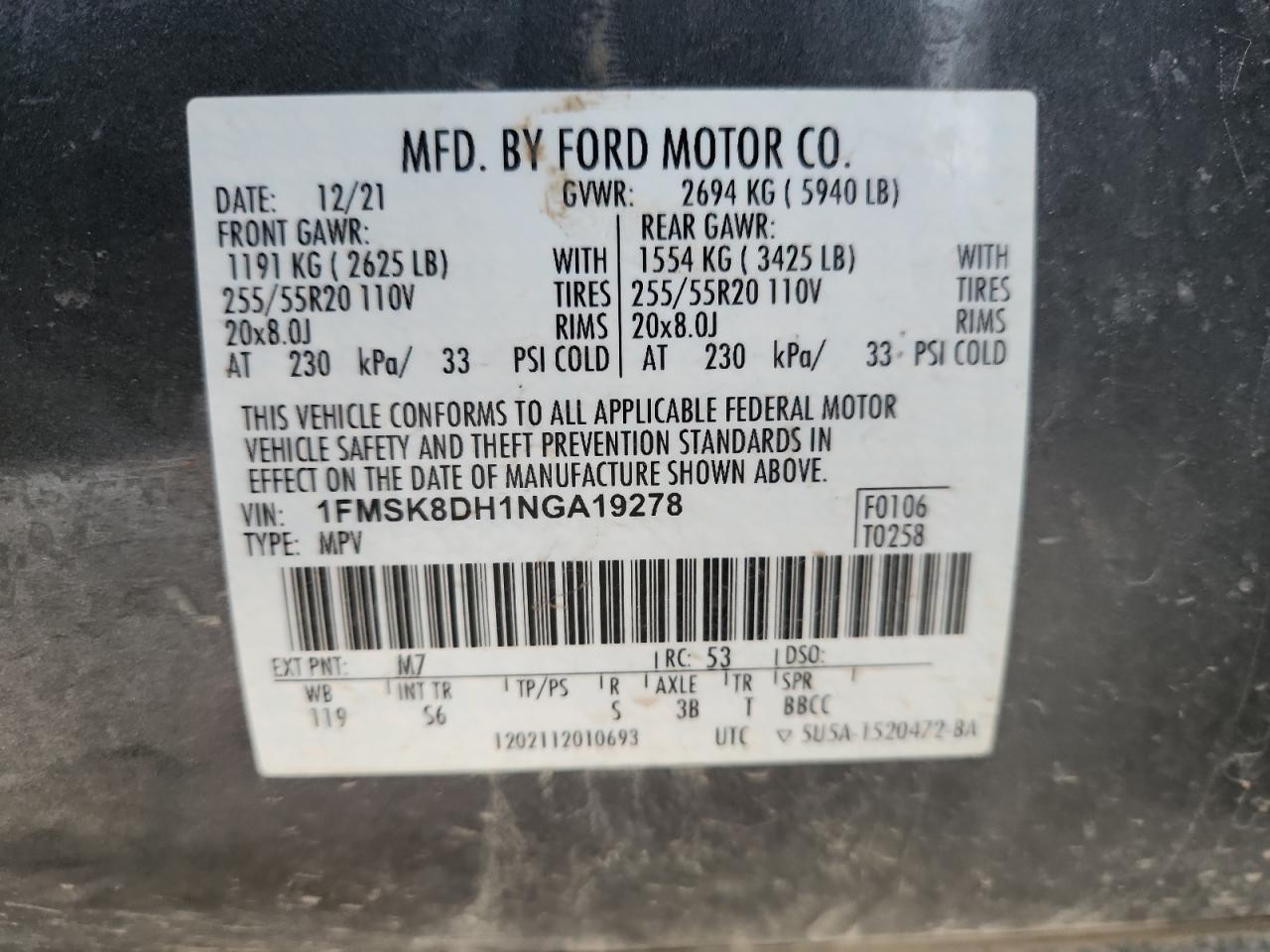 2022 Ford Explorer Xlt VIN: 1FMSK8DH1NGA19278 Lot: 61807345