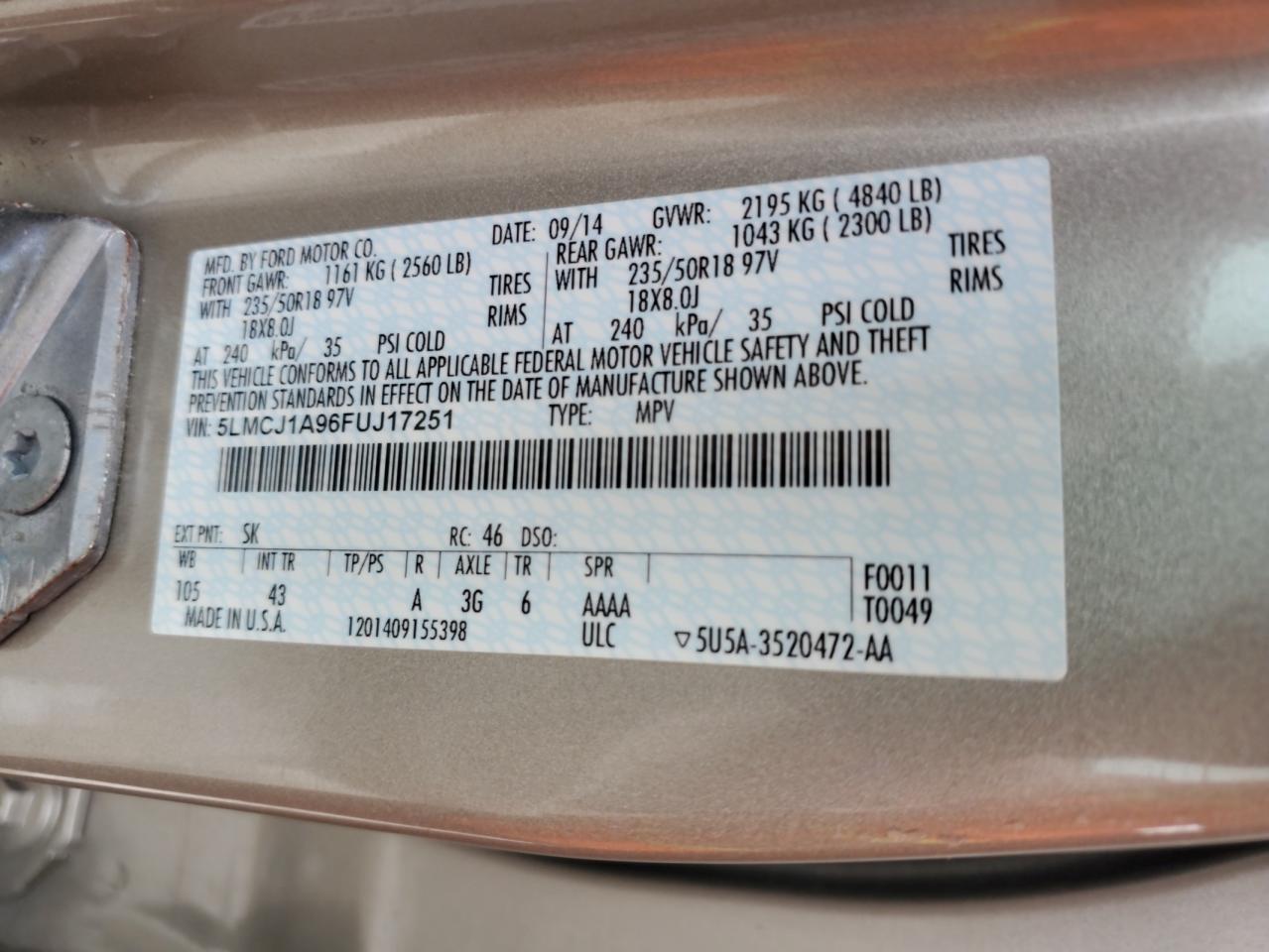 5lmcj1a96fuj17251 5LMCJ1A96FUJ17251 2015 Lincoln Mkc