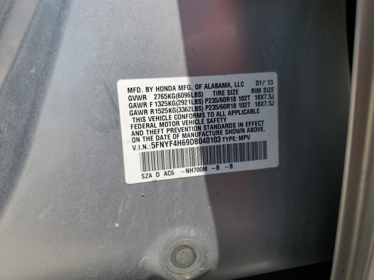 HONDA PILOT 2013 VIN 5FNYF4H69DB040103 фото 13