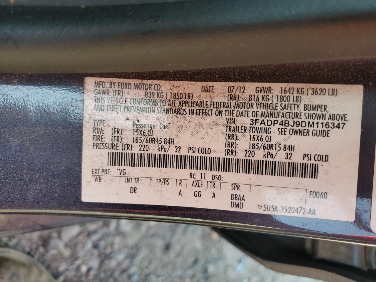 2013 Ford Fiesta Se VIN: 3FADP4BJ9DM116347 Lot: 62181345