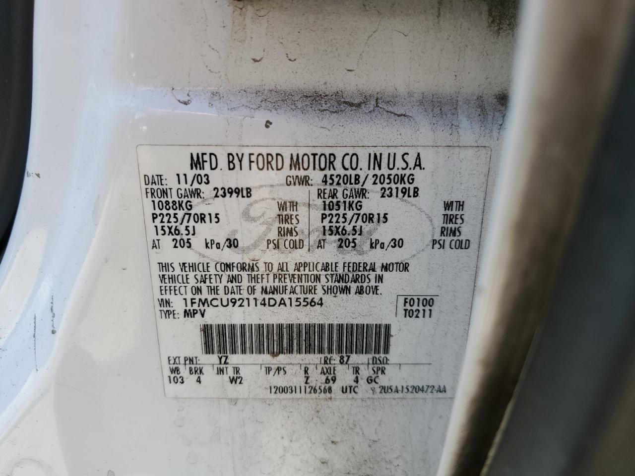 2004 Ford Escape Xls VIN: 1FMCU92114DA15564 Lot: 59358015