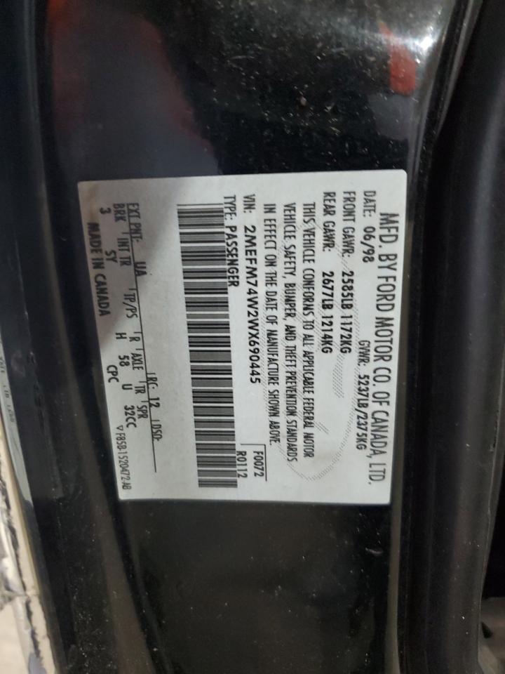 1998 Mercury Grand Marquis Gs VIN: 2MEFM74W2WX690445 Lot: 59910505